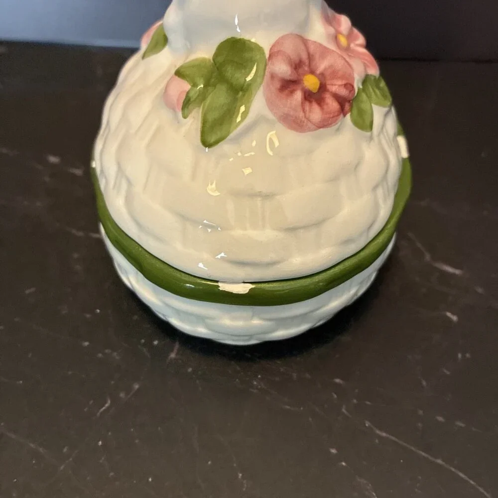 Vintage Avon Bunny Covered Trinket Box Hand Painted Brazil Easter Decor 1982